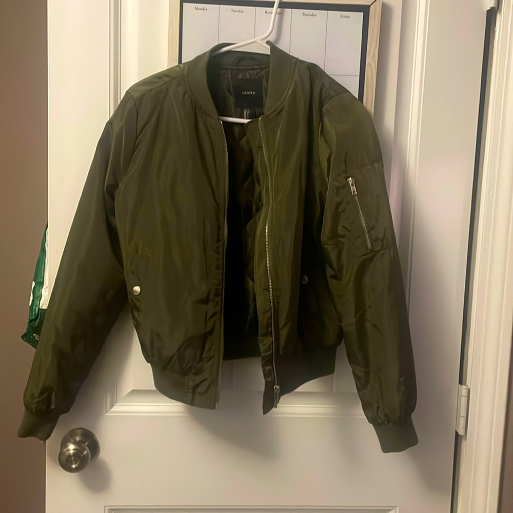 Worn once, army green bomber jacket